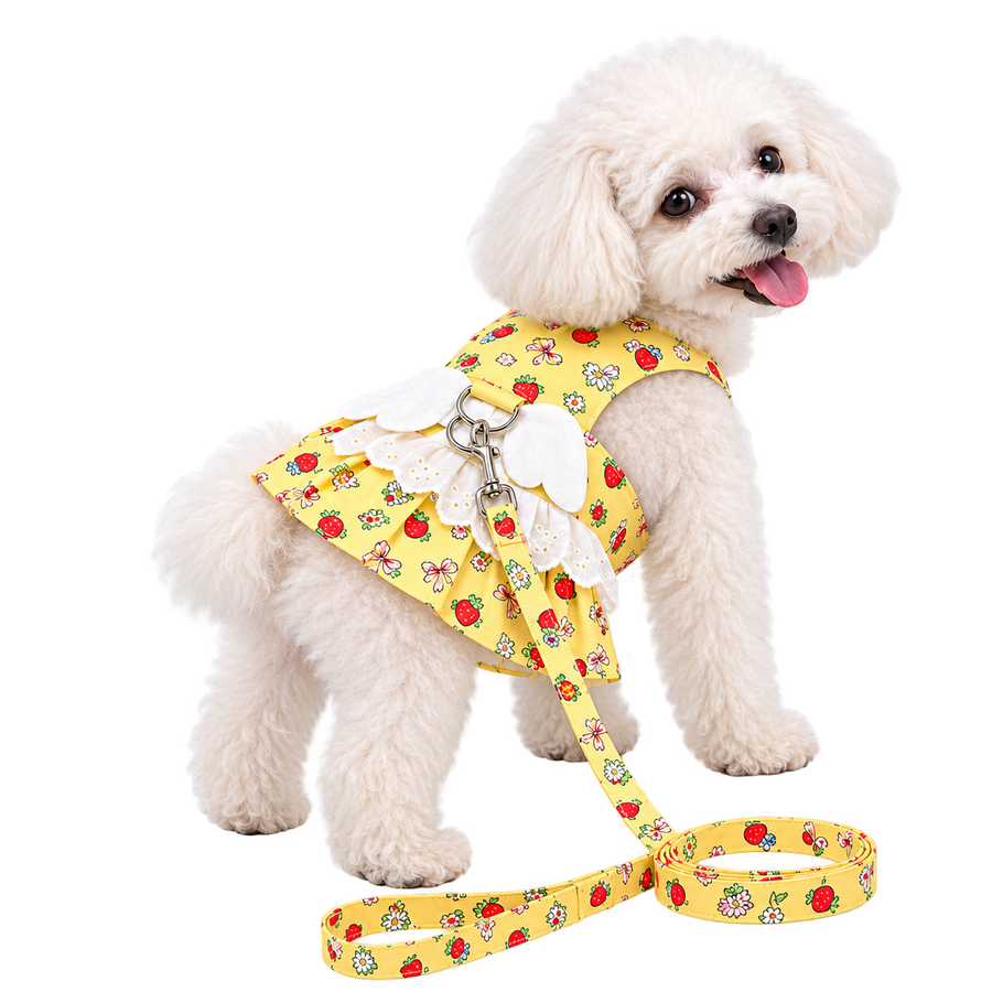 El Vestidito de Fresas con Arnés — Solo perros pequeños · Amarillo · sin fondo